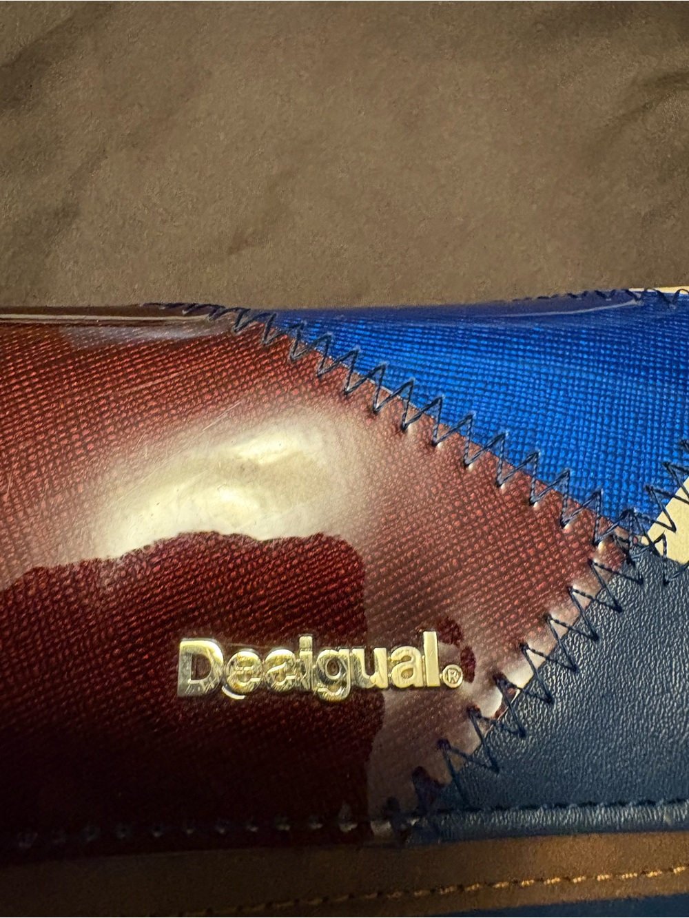 Desigual Glossy Blue and Burgundy Patchwork Wallet with Gold Logo